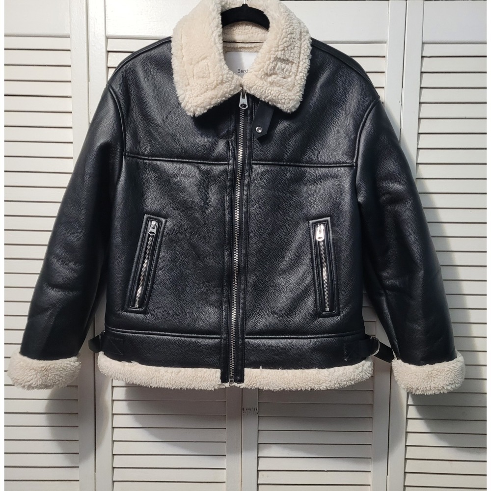 Bershka Faux Leather Jacket Women's Small Black‎ Aviator Style Shearling Lining